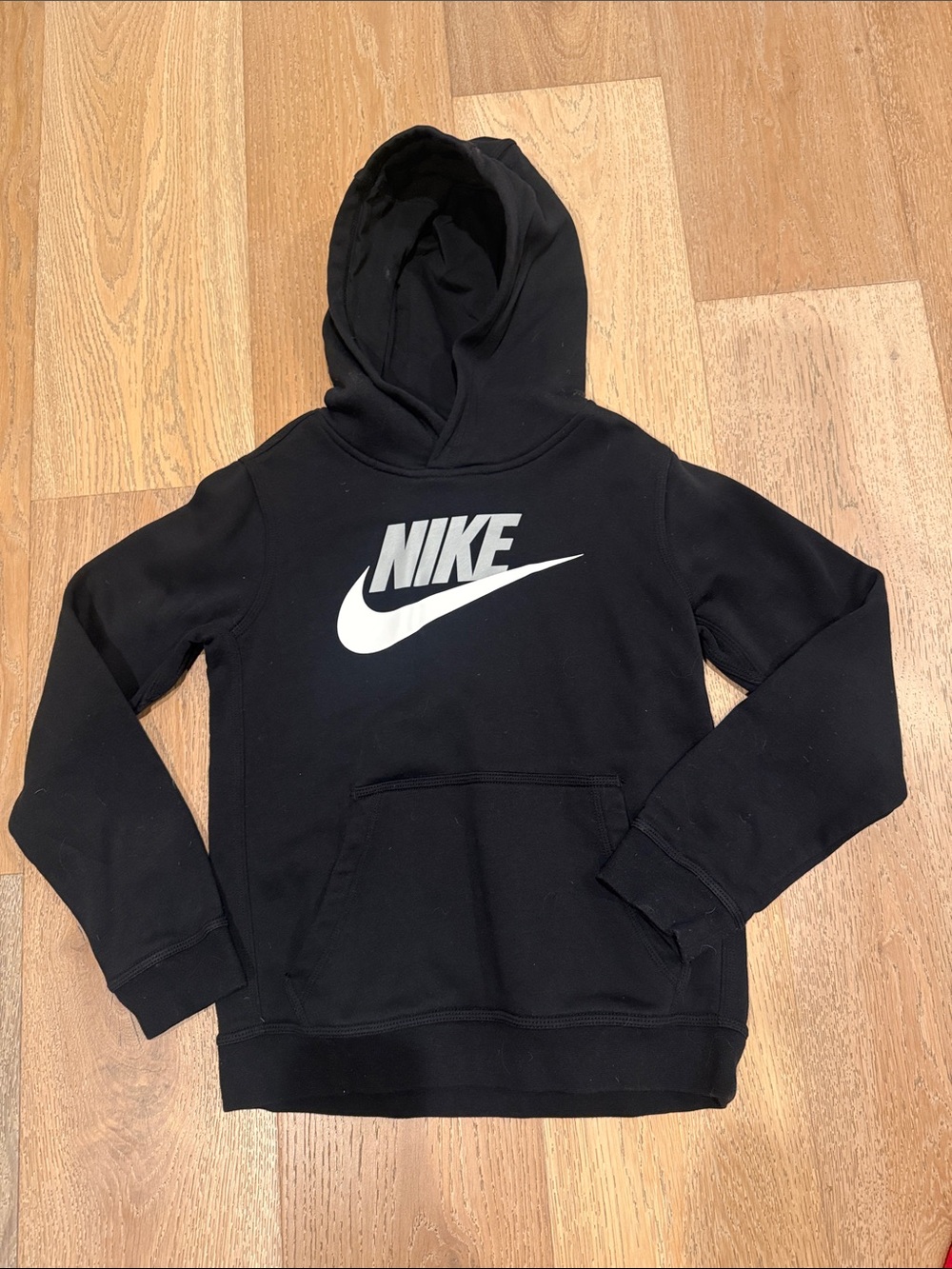 Nike Kids Black Hoodie with White Swoosh Logo (big boys size large)
